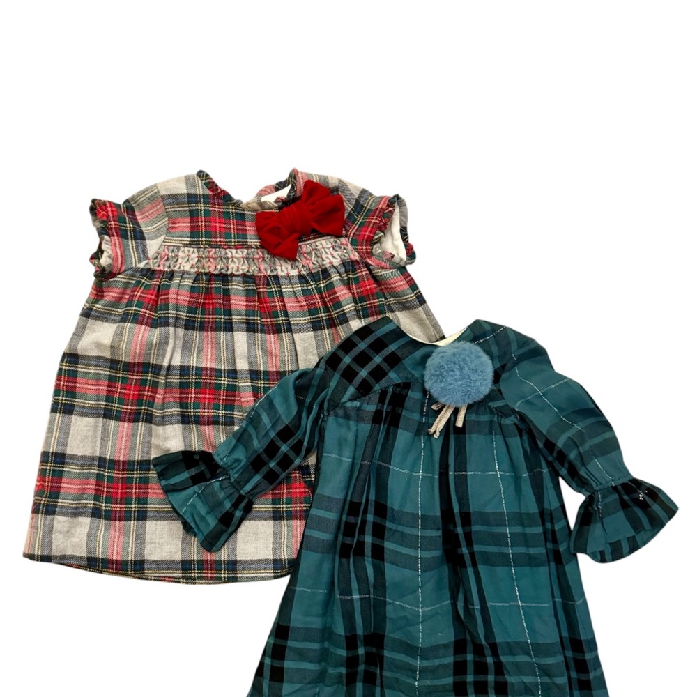 Nanos Plaid Girls' holiday Dresses with Bow & Pom Pom Accents